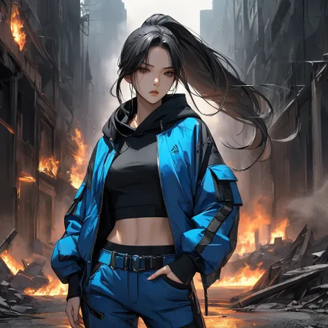 Neo-noir Futuristic art style, waist-up view, A semi-realistic anime-style woman with long, sleek black hair styled in a high ponytail. Aged 21. She has a sharp, warm tan, symmetrical face with a defined jawline that highlights her serious and determined e...