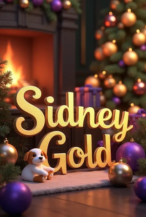  Write Sidney gold letters with a dog doll that has white and light brown spots, With Christmas background , with gold and purple spheres ,with Christmas tree , with fireplace  