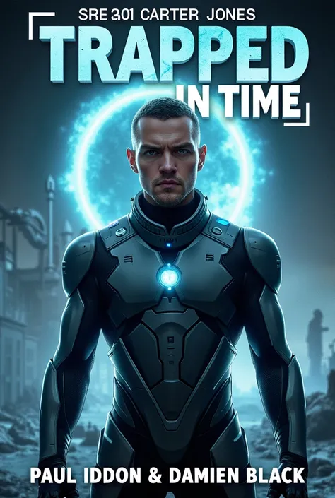 A dramatic and captivating book cover for a science fiction novel titled Trapped In Time by Paul Iddon & Damien Black. The cover should prominently feature Sergeant Carter Jones, the protagonist, in his full futuristic nanotechnology suit. The suit should ...