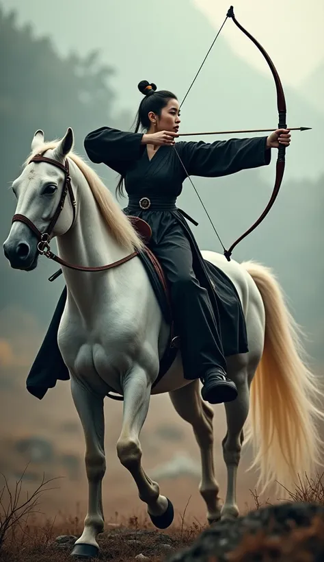 Traditional Chinese women,Beautiful girl ，Ride a white war horse，Martial Arts, black dress ,Enrollment bow and arrow shooting position, , Mountain,war,Epic Style,mystery,fire,forest, Fighter 