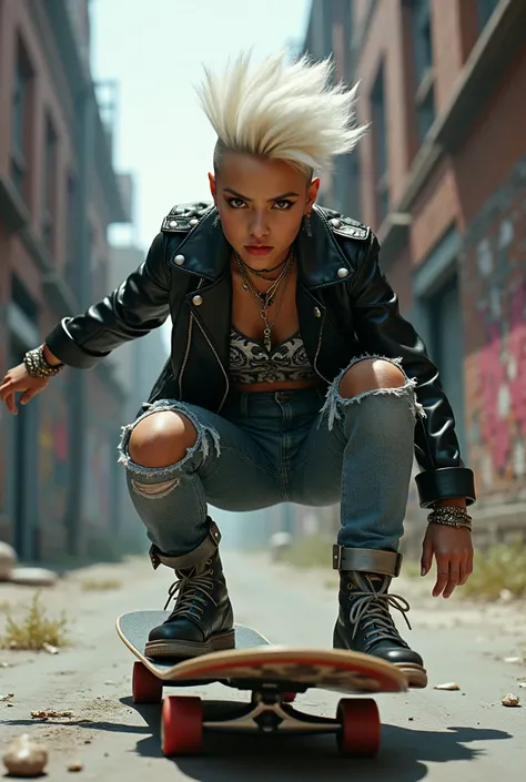 skateboard girl , Korean women,  punk rocker has white hair