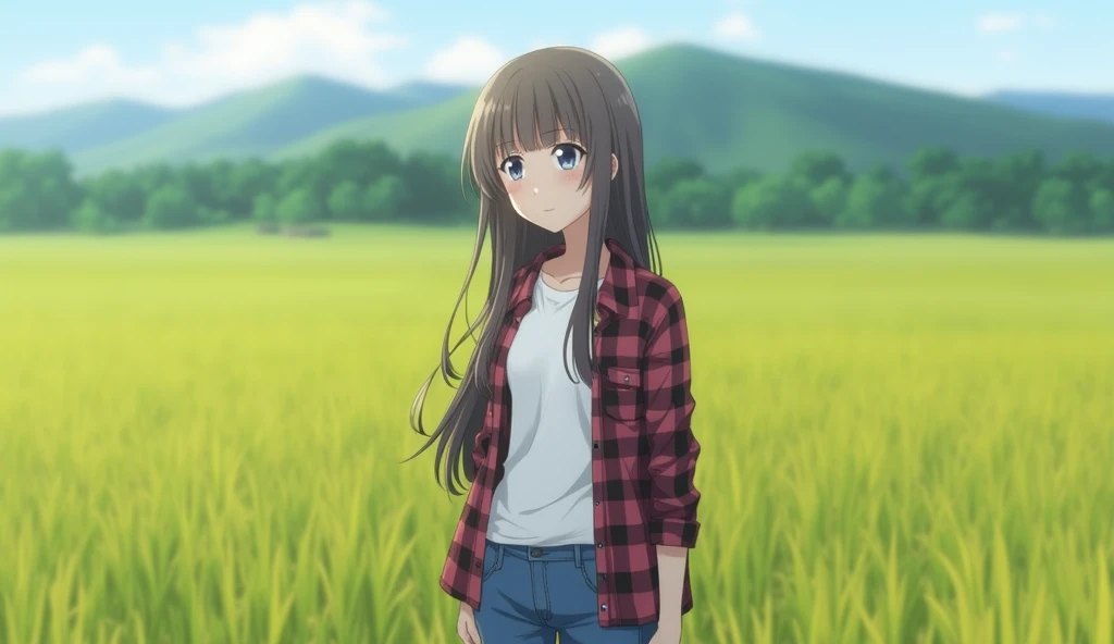 Japanese teenage girl with long hair and bangs, wearing a white t-shirt inside, a plaid shirt on top, and jeans, standing on the edge of a rice field, country atmosphere, half-body shot, focus on the girl, side view, the girl is facing to the side, looking...