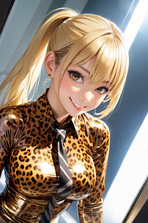  1 girl,  ponytail,  blonde hair, Breasts, smile, Lens reflection, Reflected light, Buttoned in extremely tight shiny latex blouse with leopard pattern, Necktie 