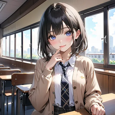 anime、One high school girl,smile、 close your mouth、Short black hair、Small breasts, beige cardigan :1.3, Black Normal Necktie 、 white button shirt、 black plaid mini skirt ,Say hello、The blue sky seen from the classroom window、( best quality), ( Ultra Hi-Res...