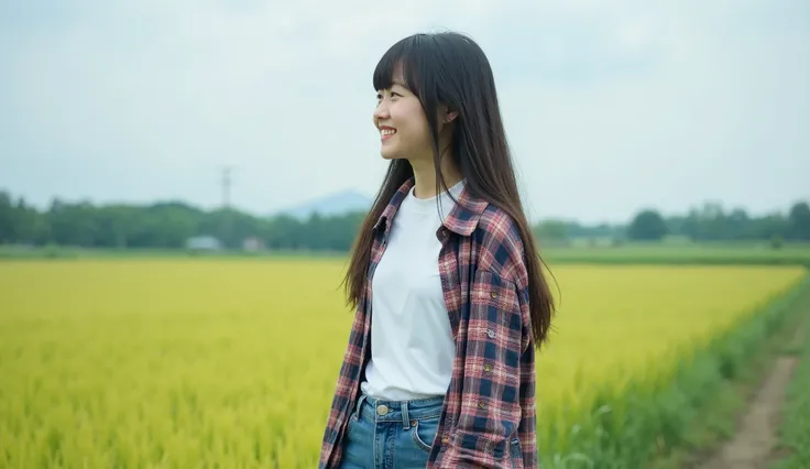 Japanese teenage girl with long hair and bangs, wearing a white t-shirt inside, a plaid shirt on top, and jeans, standing on the edge of a rice field, country atmosphere, half-body shot, focus on the girl, side view, the girl is facing to the side, looking...