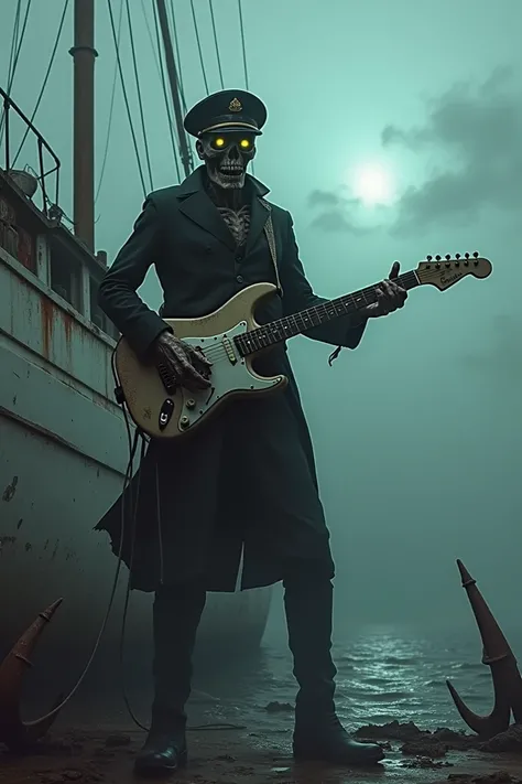 A zombie yacht captain playing guitar