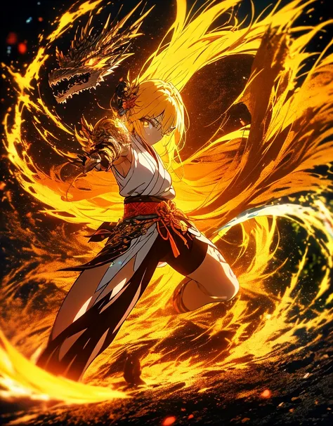 Serious,battle stance,Dynamic action blur,A Samurai girl ,low pose, long Yellow hair, blue Dragon tattoos on her face and body glows in neon light.battle stance, The glow illuminates the tattoo of Dragon on her leg, creating beautiful shadows. In the style...