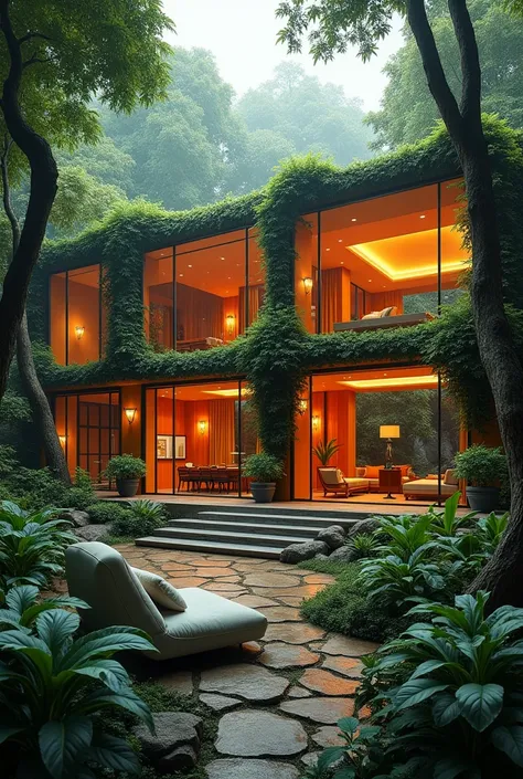 A large house with lots of large orange windows in the middle of the jungle  .  Inside there is a central patio with a huge armchair and surrounding area music rooms with glass doors 