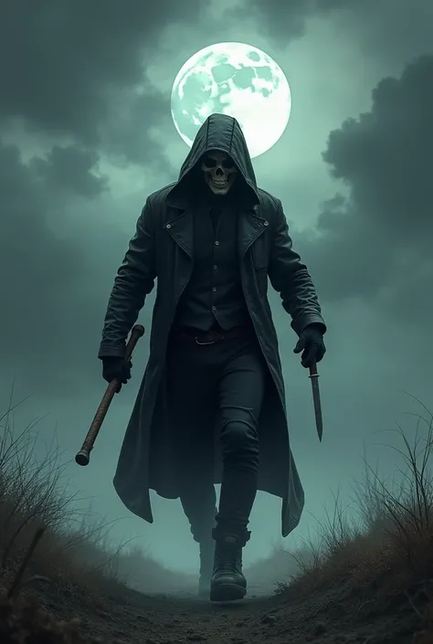 Man with a hooded skeleton , with a stick in one hand .  and a knife in the other hand . black leather jacket black pants walking to the moon in the storm