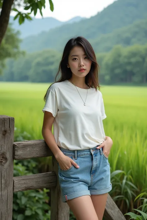 Beautiful Korean woman wearing T-shirt shorts jeans casual shoes poses professional model is leaning against wooden bridge background of rice field expanse 