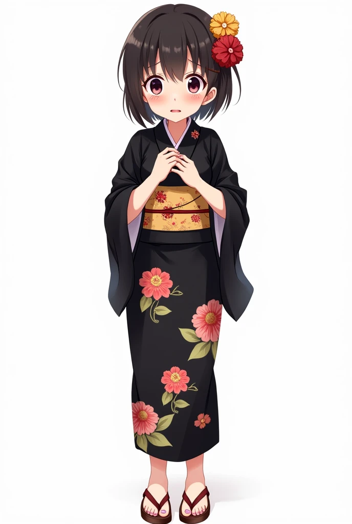 Anime girl with and standing in front of her legs full and geta yukata black and with flowers and worried and with a white background and full body and with pink nails and with fists on her chest both hands with an emotion of nervousness and with an expres...