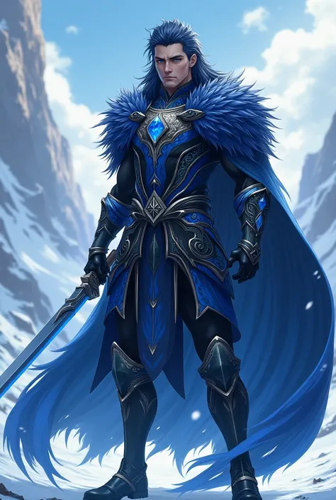 Create a beautiful male warrior anime with blue, black and white colors 