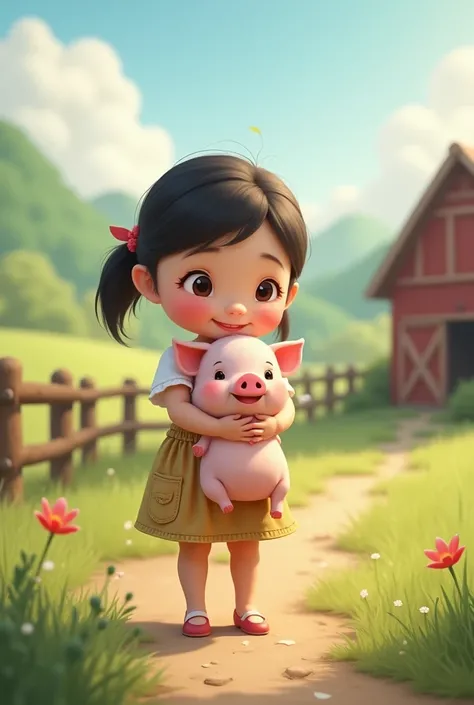  cute asian girl with a little pig on the farm