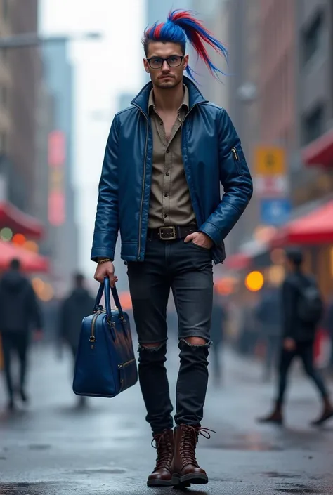 {man} { wearing glasses } { Blue Eyes } {, blue and crimson ponytail.} {, wearing a blue jacket, } { Black Jeans } {, dark brown high-heeled boots, } {Carrying a blue shoulder bag } { in the city, }