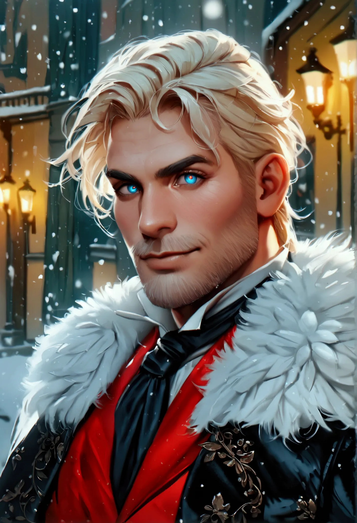 one man, gallantic, masculine, single-person, middle-aged man, handsome, vampiric aura, 58 year old, blonde hair, quiff sides and tape hairstyle, shining bloody eyes, friendly smile, pale white skin, more prominent muscular body, larger muscles, bodybuilde...