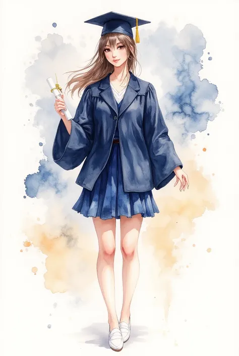 (masterpiece:1.4,  best quality, Mirror finish,  Cinematic Experience , Top Illustrations :2.0),16k,(watercolor:2.0),Light color、watercolor画,2.5D,#SDXL、Realistic Single Girl ,((Graduation Ceremony: 1.5)), cute、 navy blue blazer、 Navy Blue Short Ruffle Skir...