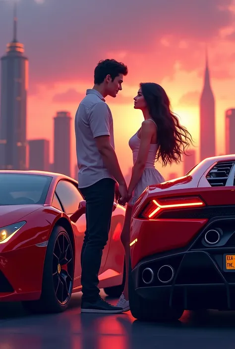 Create me a picture of a girl a boy girl with black hair and quite beautiful A boy is handsome and imposing girl leaning on a Lamborghini A boy is leaning on his Ferrari watching the sunset and holding hands There is a big city behind him on the license pl...