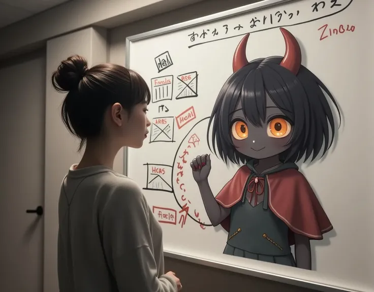 She wants to paint a cute devil girl in the style of the great creator "uyciak", ultra-realistic, photorealistic, dramatic scene, shadow, global-illumination, solo, (20 years old Japanese famous idol girl:1.5), very beautiful fragile Japanese girl, very be...