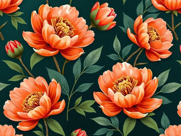 The image pattern shows a painting of orange peonies on a dark green background, creating a vibrant and eye-catching wallpaper. The peonies are painted in a realistic style, with their petals and leaves detailed and lifelike. The dark background provides a...