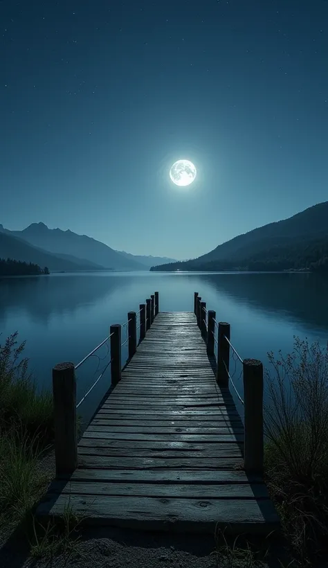 Under a clear night sky ， Extremely realistic lakeside night view ,  starry sky ,  A full moon shines softly , , and the calm surface of the lake is covered with silver moonlight , Reflection on the surface of the water .  The weathered wooden pier extends...