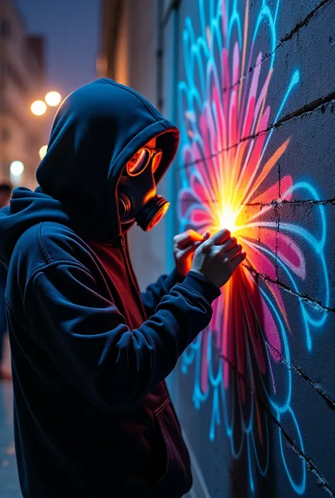 A boy with hoodie, Making graffiti on a black wall,  wears a gas mask, blue eyes, in the middle of a night, wears a black hoodie, he is drawing a radiant and colorful picture on a wall, below of the picture it says “By Viphacker917”