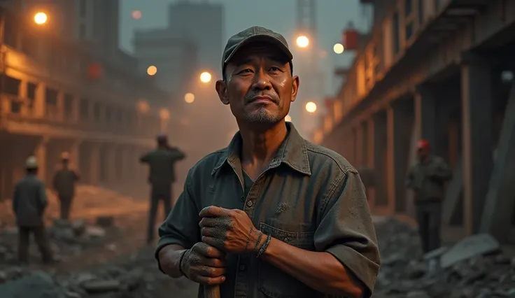  3D animation style A Dong wears gray work clothes ，Wearing a hat， and his face is covered with sweat and dust 。 He holds a shovel with his hands ，Standing on a dim construction site ， The background is a half-built bridge and twinkling construction site l...