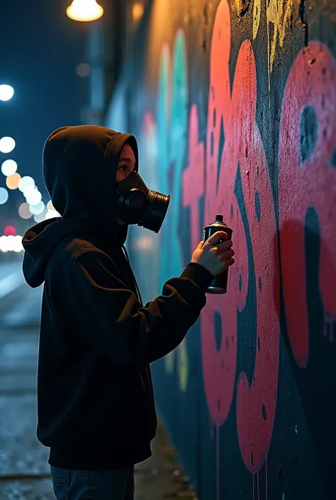 A boy with hoodie, Making graffiti on a black wall,  wears a gas mask, in the middle of a night, wears a black hoodie, he is drawing a radiant and colorful picture on a wall,in the middle of the picture it says “By Viphacker917”