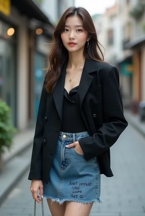 Beautiful Korean woman wears black color jacket many handwritten short jeans skirt casual shoes pose professional model bokeh background