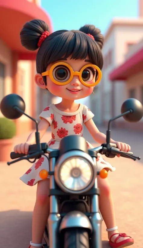 in the animated 3D image of a beautiful and adorable adult woman with her hair in two buns on top and bangs, wearing cute round sunglasses with yellow frames, wearing a young colkat daster with a white and red rose flower motif. The style is 3D animation w...