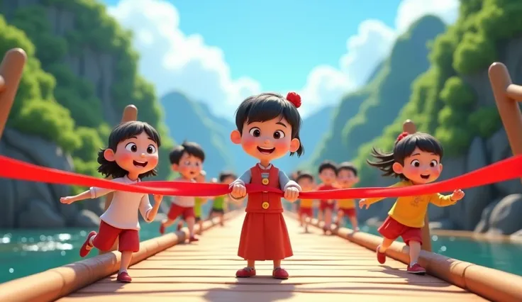  3D animation style on the newly built bridge ， Ah Dong is standing in the center ， with a ribbon-cut red ribbon in their hands ，His face is full of joy 。 Next to him ， The children are running and playing on the bridge ， The background is green mountains ...