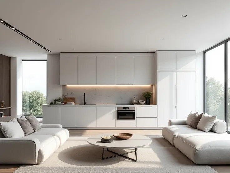 kitchen living room interior,modern style ,white grey theme