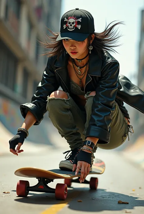 Side view of a Korean woman riding a board wearing a cap and a punk rocker