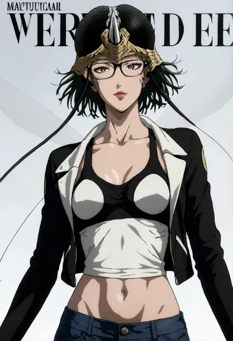 Front cover of a womens cooking magazine, text, diagrams, advertisements, magazine title,1Girl,BLACK GLASSES,JUMPER JACKET,SKIRT DENIM,TANK TOP,MODEL POSE,MOSQUITO GIRL FROM ANIME ONE PUNCH MAN,ANIME STYLE ART, Anatomically correct, Beautiful face, Perfect...