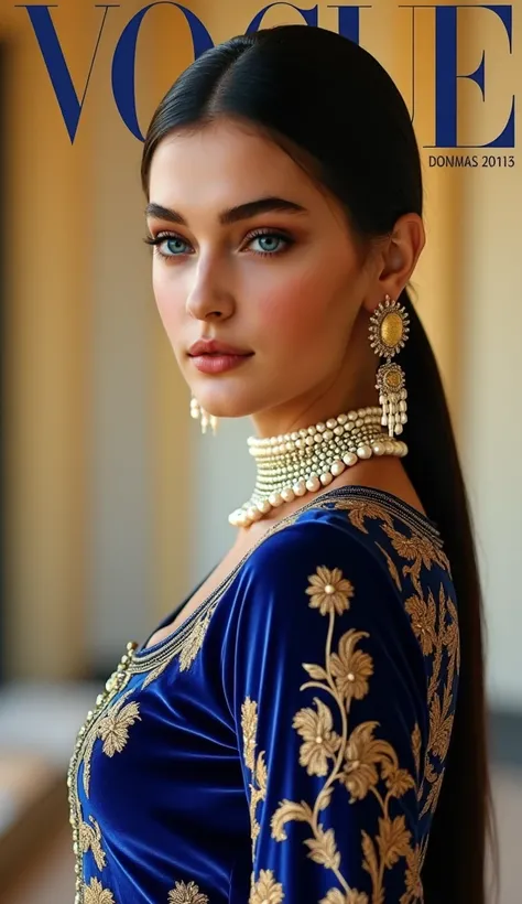 A mesmerizing VOGUE cover featuring a waist-up shot of an Indian model in a royal blue velvet blouse with intricate golden embroidery. Her bold winged eyeliner and crimson lips enhance her magnetic gaze, while her sleek hair is pulled back into a mid-part ...