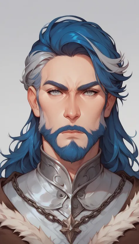 tall slim man with dark blue hair with grey highlights, silver eyes, beard, sharp angular face, stern look, medieval noble fantasy clothes