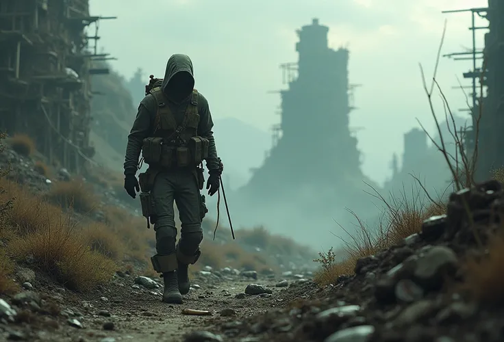 future, post-apocalypse, post-war, stalker, dangerous atmosphere, intricate details, extremely detailed, cinematic stile, dramatic light, Brandon Wolfel, Alaina Lemmer, Simon Stalenhag,Ben Templesmith