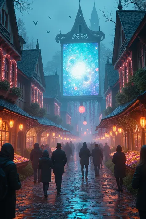 Image of a town square with a mysterious atmosphere surrounded with candy and theres a huge led screen in the middle of the town square, landscape image