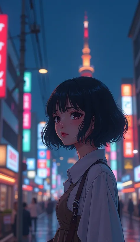 1980s　lo-fi　Japanese pop　 girl　Night view　 Tokyo tower 　High image quality　anime　Ghibli style　 glitter( turning your gaze )chest,  shortcut,  high definition , (大きなchest)