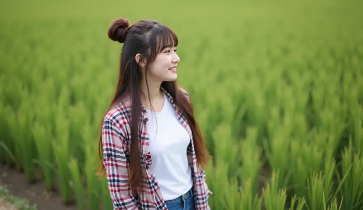 Cute Japanese woman with long hair and bun, wearing a white t-shirt inside, a plaid shirt on top and jeans, standing on the edge of a rice field, country atmosphere. Half-body shot, focusing on the woman. Top view, slanted down. The woman is facing sideway...