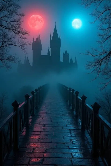 An ancient bridge enveloped in deep fog, with a red moon and a blue moon illuminating the scene, creating a mystical, otherworldly atmosphere. In the background, a majestic old castle can be seen, shrouded in mystery. The overall mood is enchanting and sur...