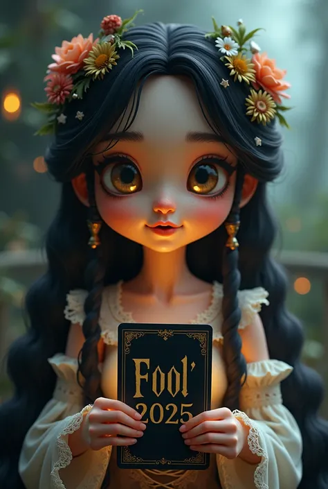  Text for the image generator :

" An extremely cute and cute fortune teller ,  aura sympathetically with the front teeth half open,  with a touch of Gothic mystery and wizard in your smiling .  She wears a delicate Gothic dress ,  with lace details and a ...