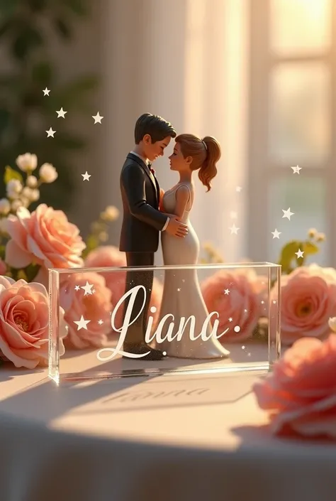 The name plaque with clear glass with the inscription  "Liana", around it there are flowers strewn ,  is on a table containing flowers with the small buttocks of the groom and the woman facing each other.  On the plaque there is a sprinkling of white stars...