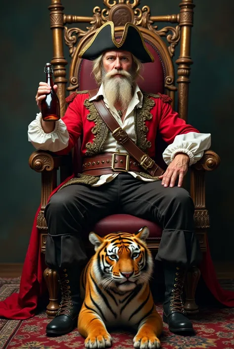  blond pirate man ,  pirate king sitting on a pirate throne, il a une bouteille de rhum dans les mains un tigre est a ses pieds derrière lui un drapeau avec écrit "Barbe Toune " realistic photo