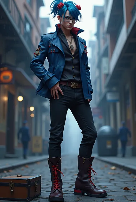 man ,  wearing glasses  ,  Blue Eyes  , , blue and crimson ponytail. , , wearing a blue jacket,  ,  Black Jeans  , , dark brown high-heeled boots,  ,  in the city,  , There is a little chest