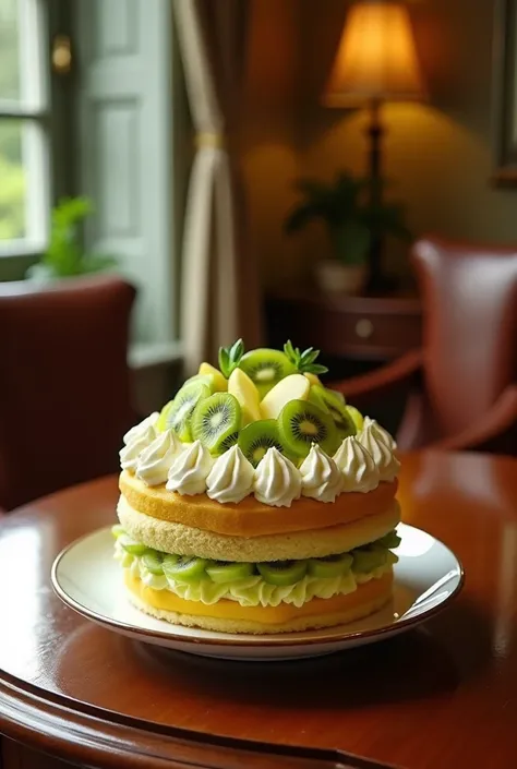 SHARP IMAGE OF APPLE KIWI CREAM CAKE ON DINING TABLE IN LUXURY HOME