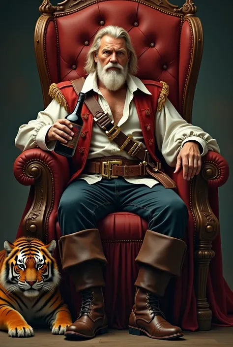  blond pirate man , short beard,  pirate king sitting on a pirate throne, il a une bouteille de rhum dans les mains un tigre est a ses pieds derrière lui un drapeau avec écrit "Barbe Toune "