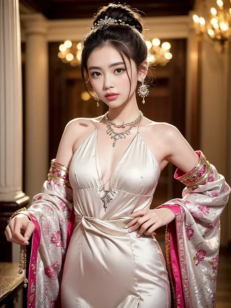 In the image, a young thai woman is the central figure, standing in a field with ancient ruins in the background. She is dressed in a modern, semi-formal style, recreating an East Asian cultural aesthetic. She wears a long, fitted colorfull  dress with ado...