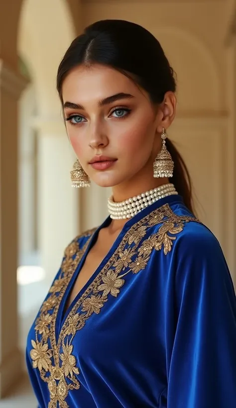 A mesmerizing VOGUE cover featuring a waist shot of an Indian model in a royal blue velvet blouse with intricate golden embroidery. Her bold winged eyeliner and crimson lips enhance her magnetic gaze, while her sleek hair is pulled back into a mid-part pon...