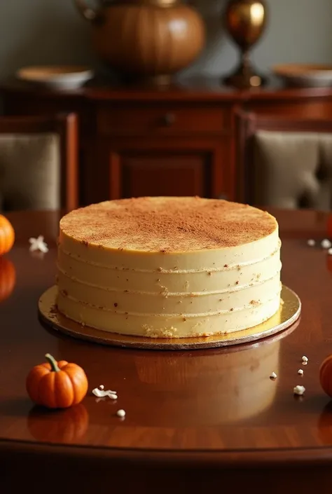 A sharp image of a pumpkin cream cake on the dining table in a luxurious house