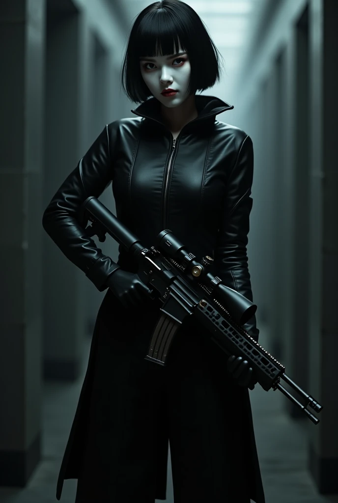 Best quality, high res, black short haired girl with bangs, chin-length hair, wearing a white rabbit mask. Shes wearing black leather jumper suit for assasin. Shes carrying a sniper riffle